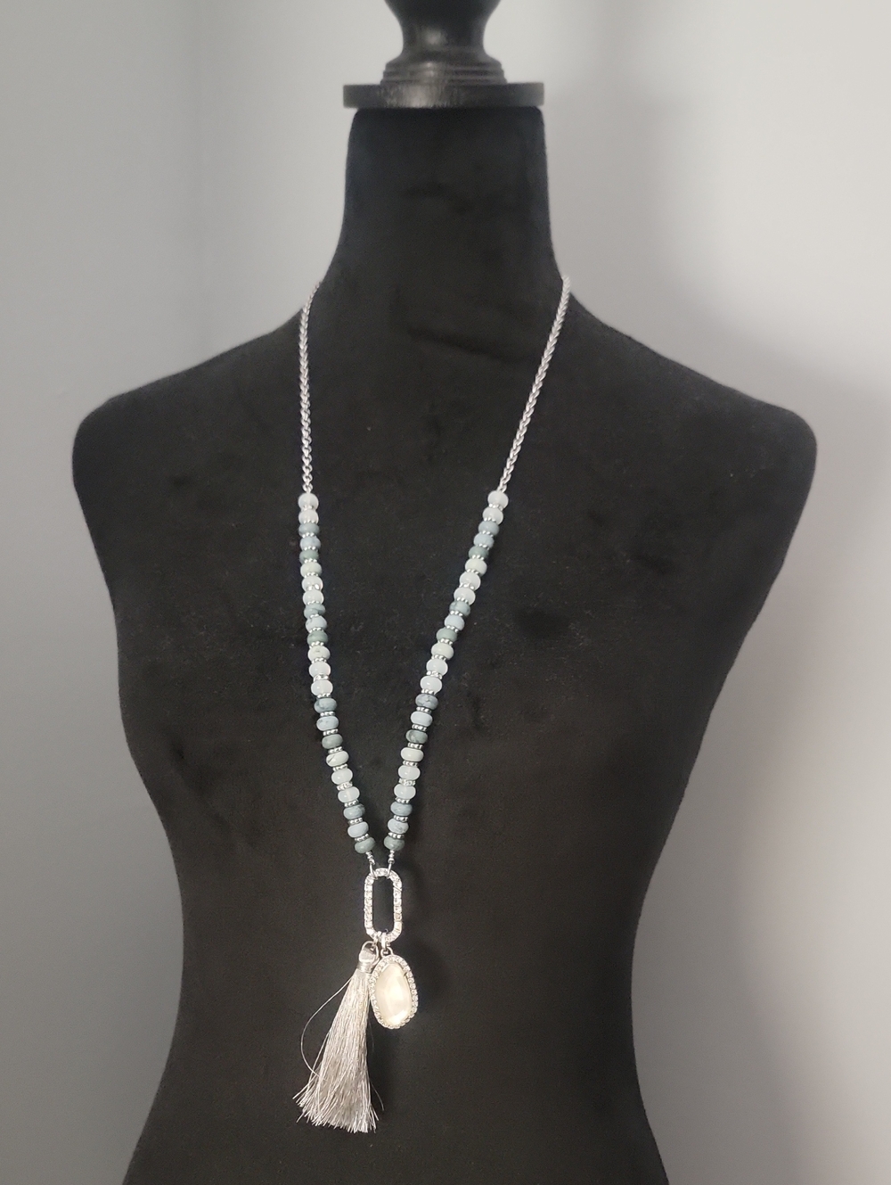 Silver-Tone Tassel Necklace with Pale Blue Beads